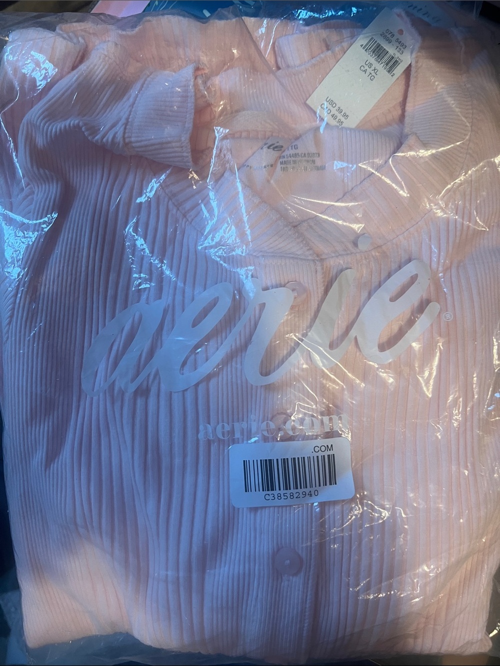 aerie Light Pink Ribbed Henley Button-Front Top